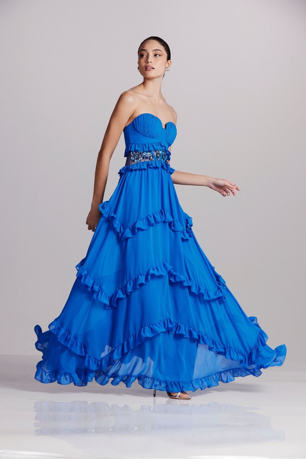 Vestido longo bordado chiffon midnight azul