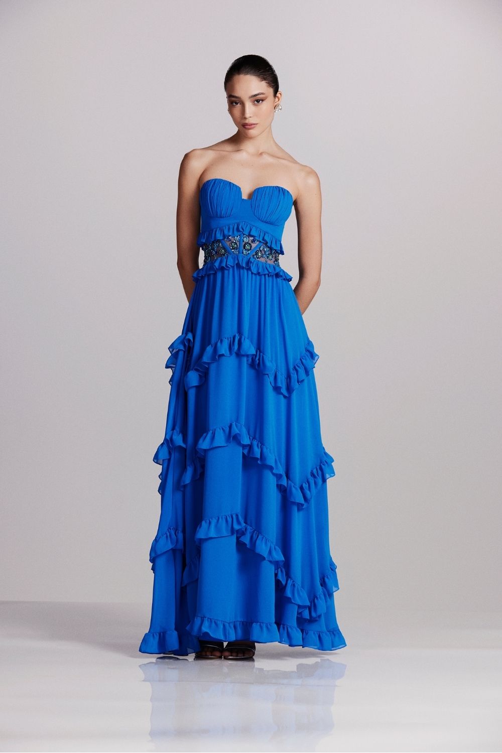 Vestido longo bordado chiffon midnight azul