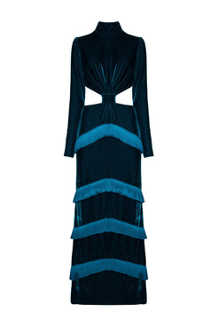 VESTIDO LONGO FRANJAS VELUDO EVE AZUL
