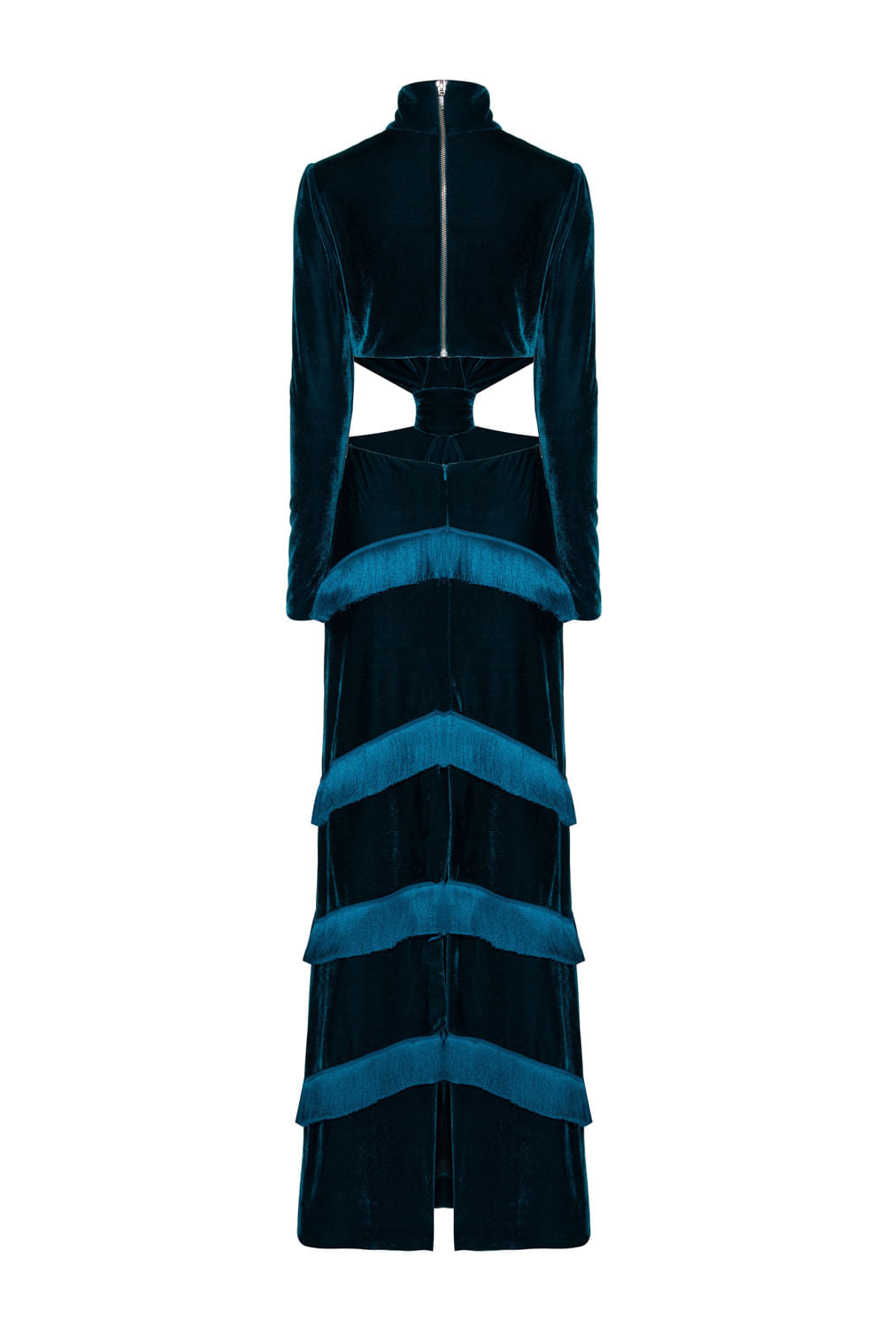 VESTIDO LONGO FRANJAS VELUDO EVE AZUL