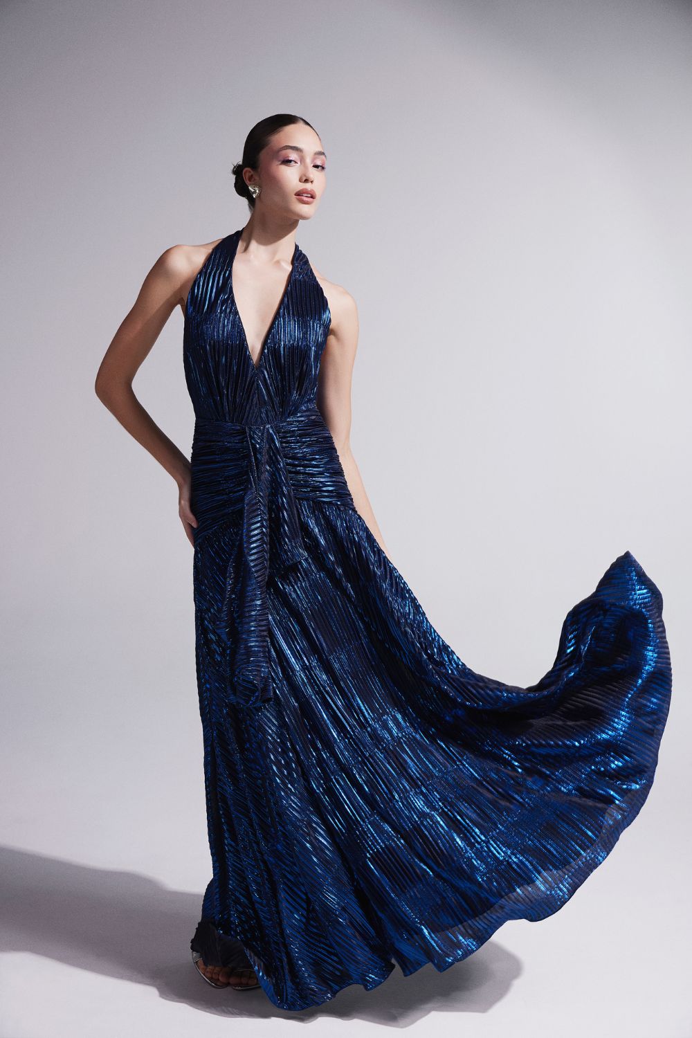 VESTIDO LONGO PLISSADO LUREX DIXIE AZUL