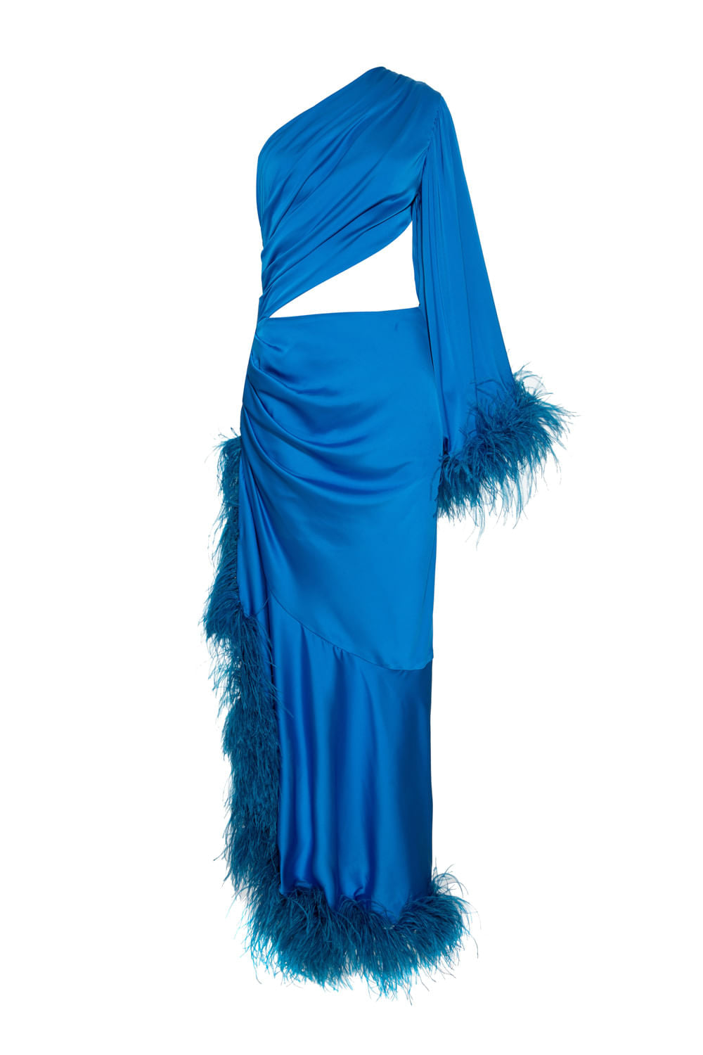 VESTIDO LONGO MANGA ÚNICA CETIM ELOISE AZUL