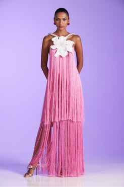 VESTIDO LONGO FRANJAS CETIM ELOISE ROSA