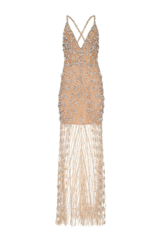 VESTIDO LONGO ALÇAS CRYSTAL EMBROIDERY DOURADO