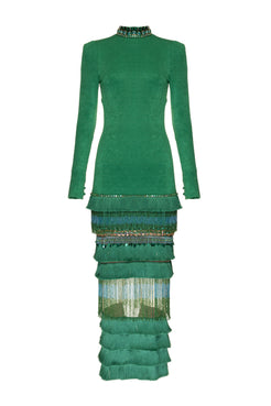 VESTIDO LONGO GOLA ALTA FRANJAS VERDE