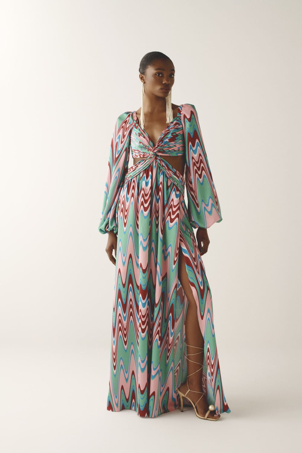 VESTIDO LONGO RECORTES CETIM WAVES VERDE