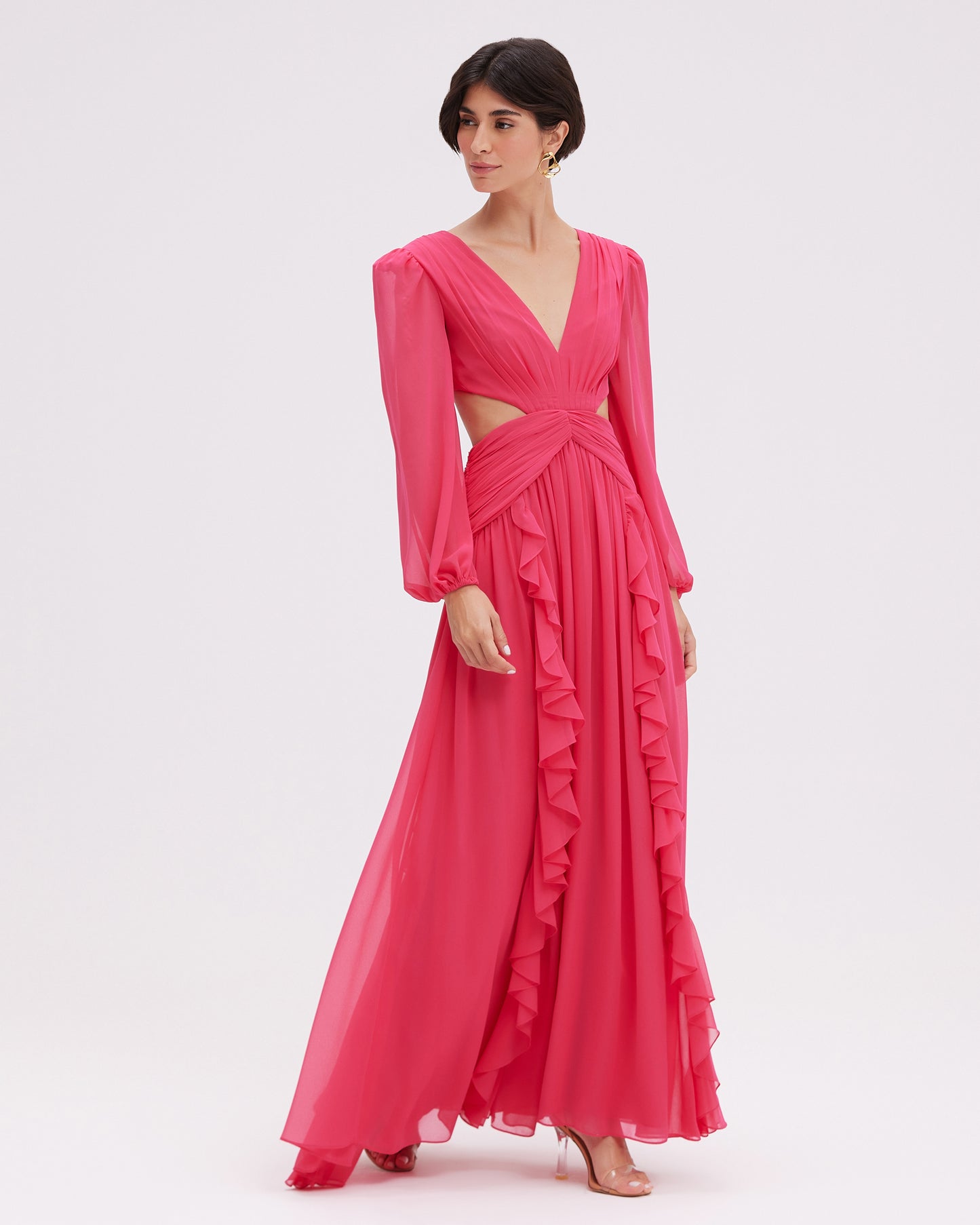 VESTIDO LONGO FRANZIDO CHIFFON TURNER ROSA