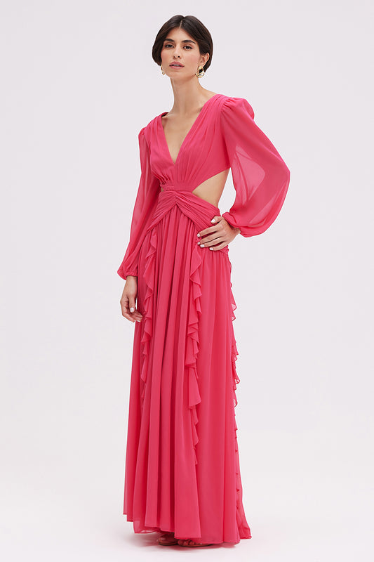 VESTIDO LONGO FRANZIDO CHIFFON TURNER ROSA