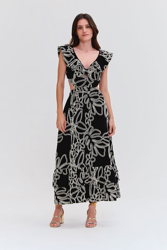 VESTIDO MIDI LINHO ASAS  PRETO