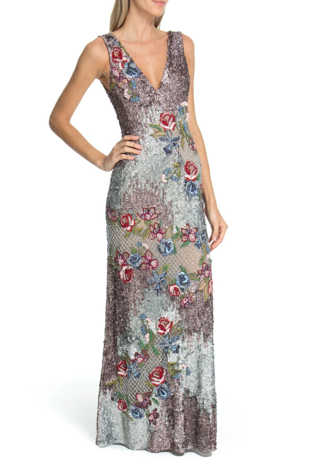 VESTIDO BORDADO FLORES BICOLOR PRATA