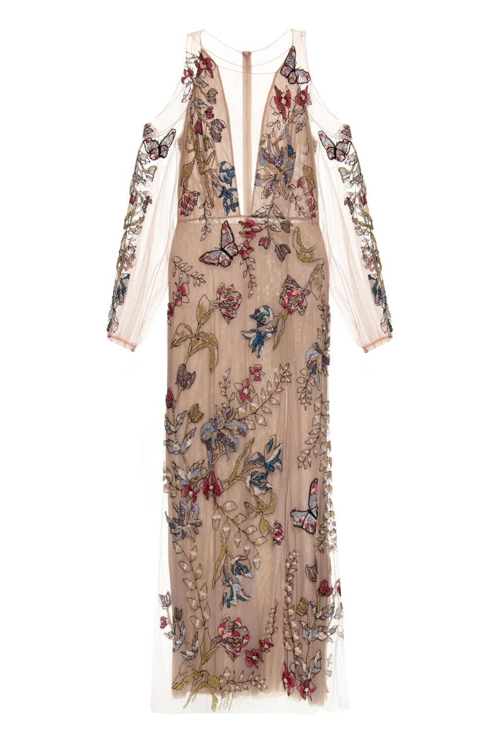 VESTIDO LONGO TULE BORDADO BORBOLETAS NUDE
