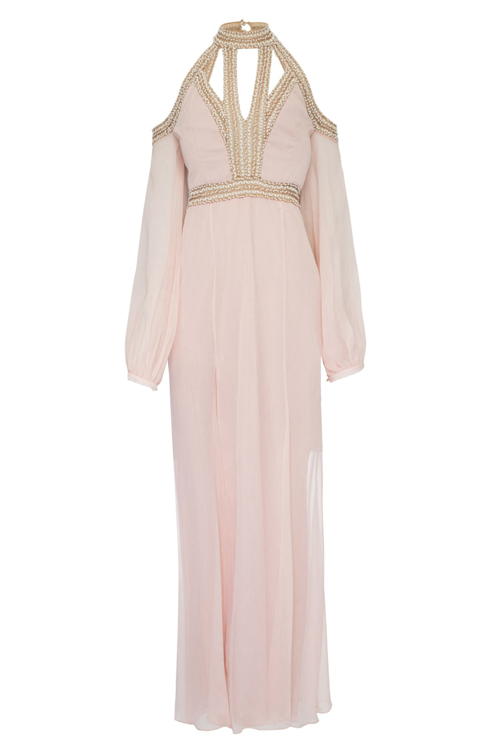 VESTIDO LONGO BUSTO RECORTES PESSEGO