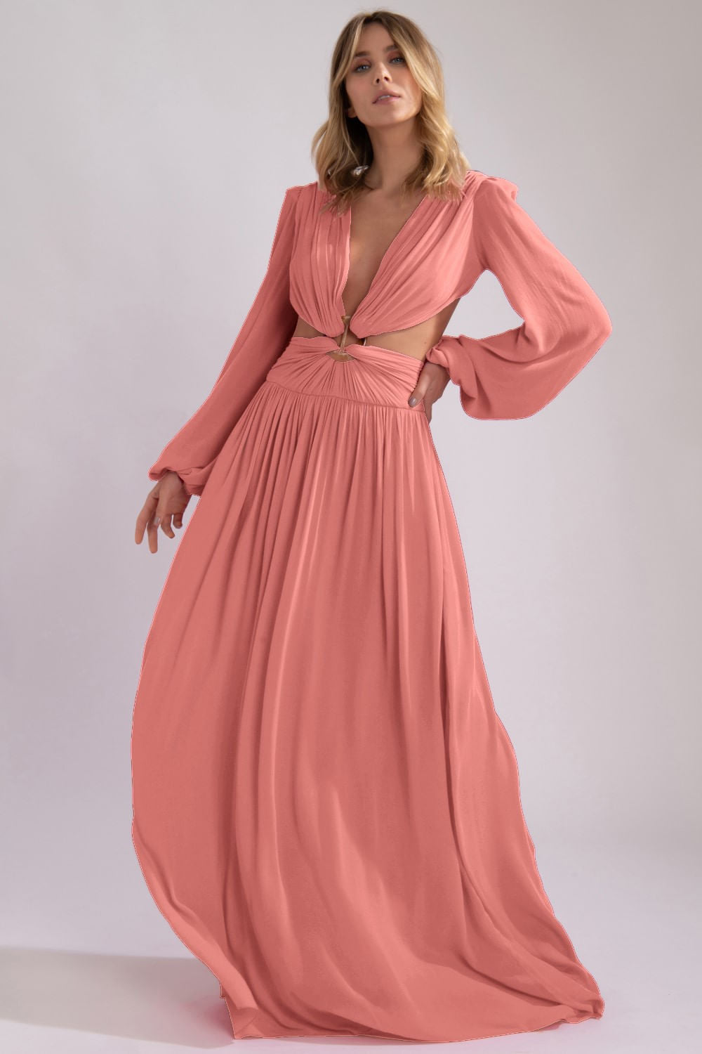 VESTIDO LONGO RECORTE ARGOLA PALHA BEGONIA