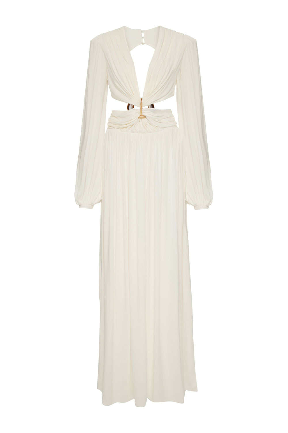 VESTIDO LONGO FIVELA BUSTO DRAPEADO OFF WHITE
