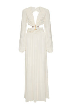 VESTIDO LONGO FIVELA BUSTO DRAPEADO OFF WHITE