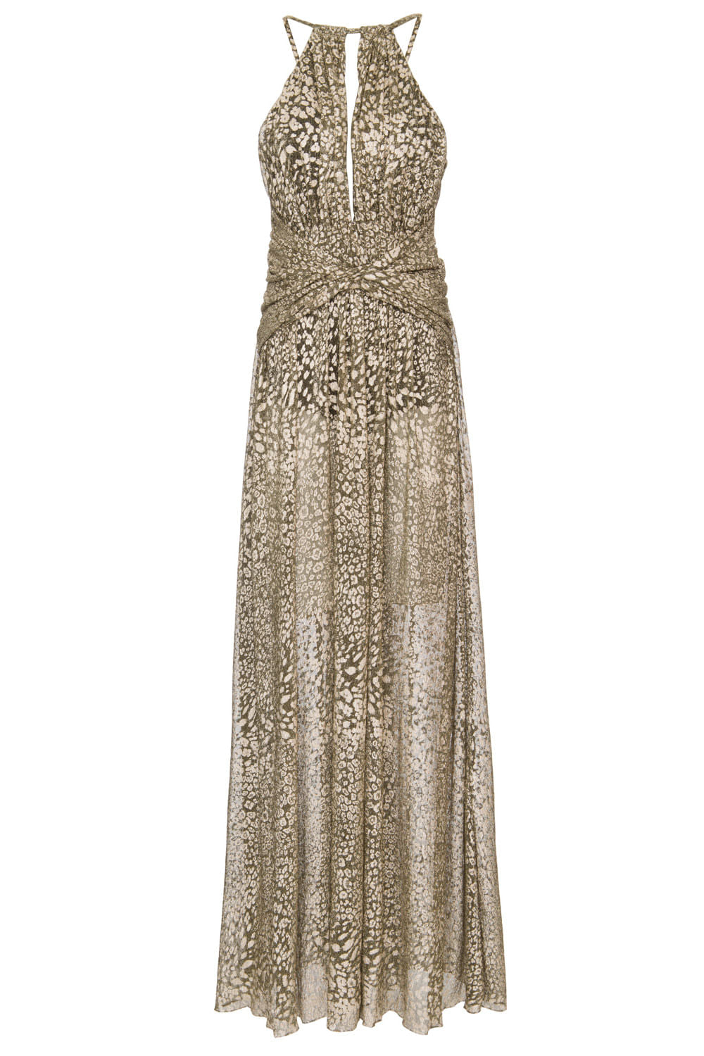 VESTIDO LONGO LUREX DRAPEADO ONÇA DOURADO