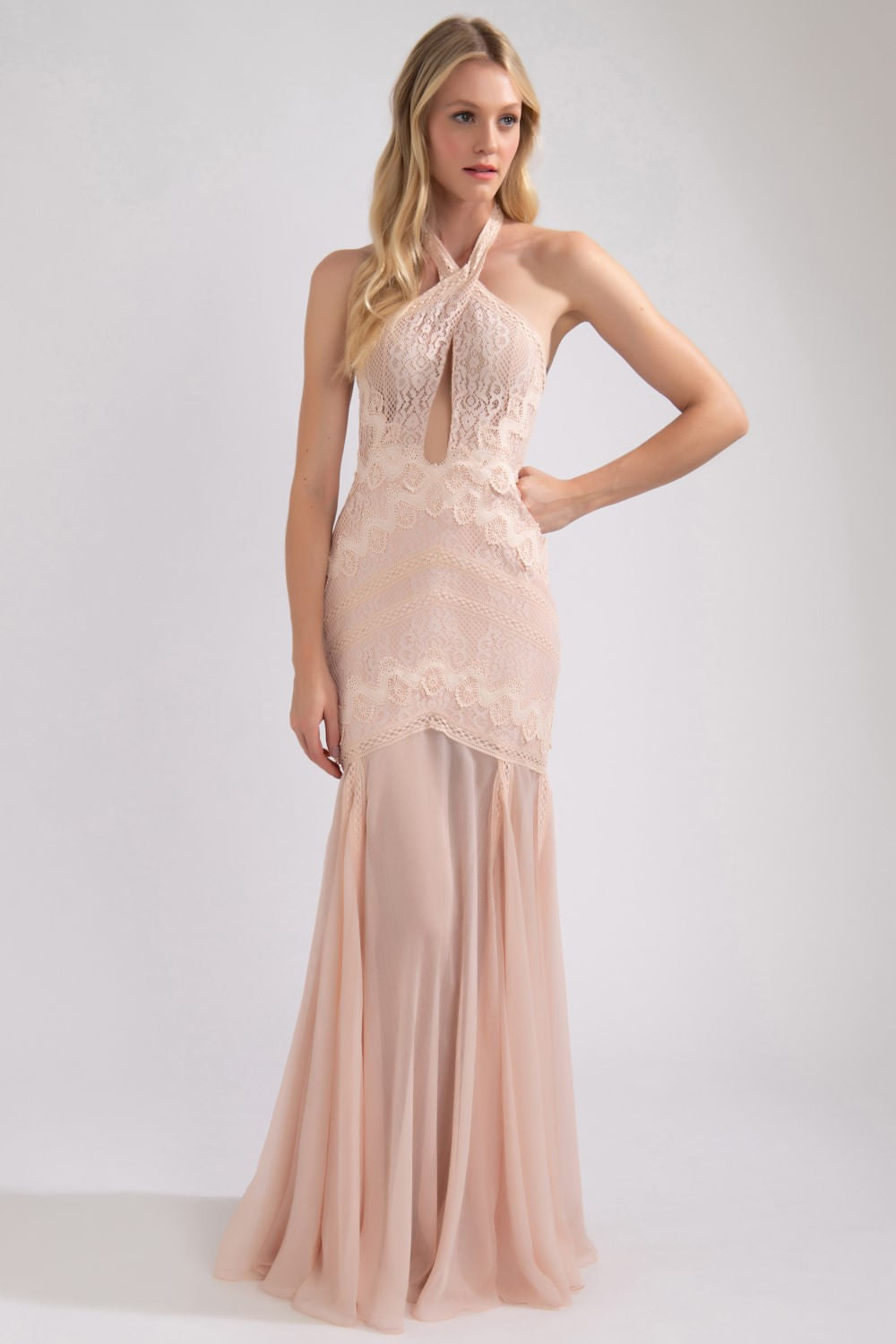 VESTIDO LONGO DECOTE CRUZADO RENDA NUDE