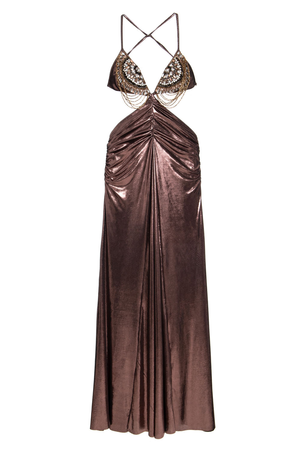 VESTIDO LONGO LAMÊ DECOTE BORDADO ROSA