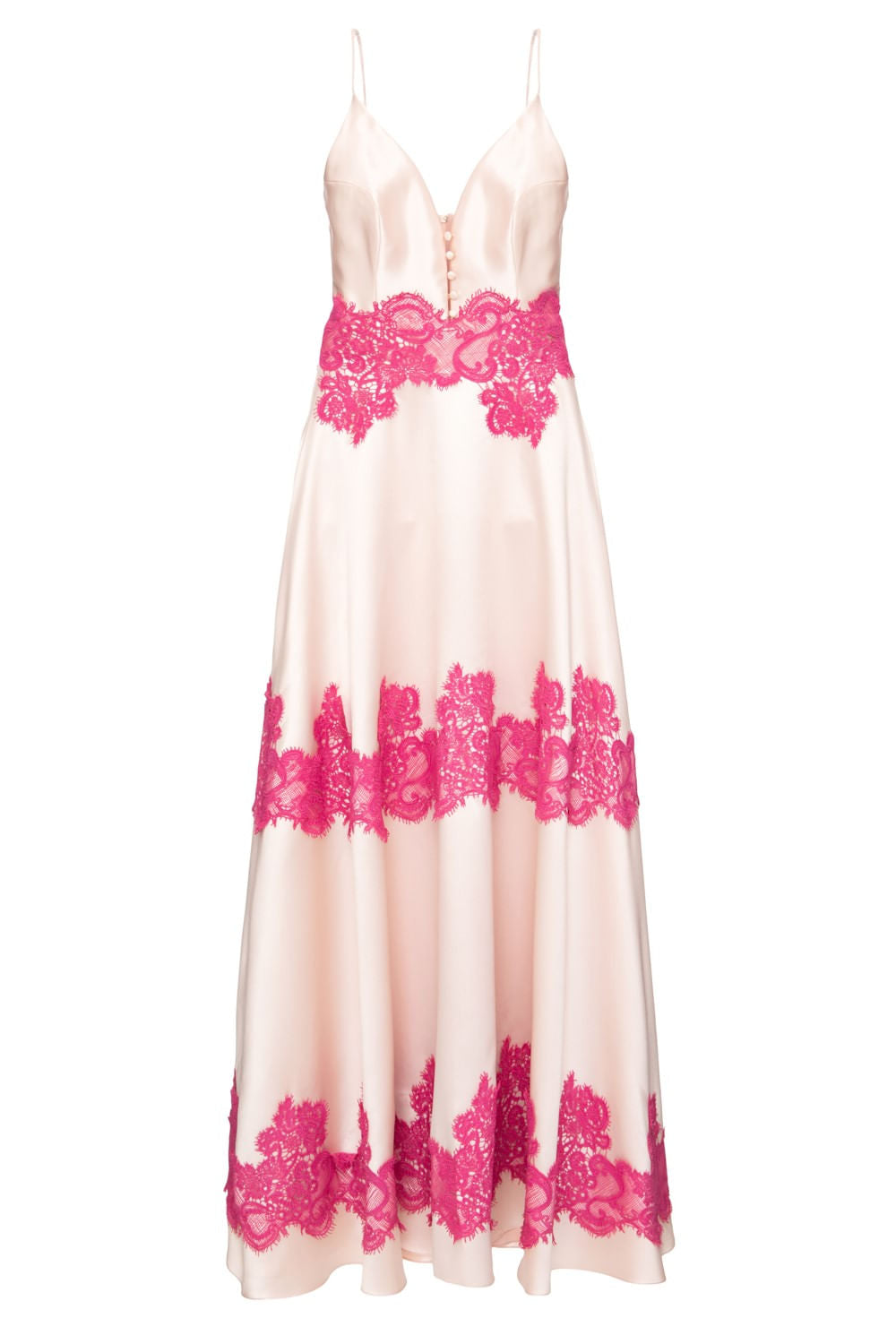 VESTIDO LONGO RECORTES RENDA ROSA