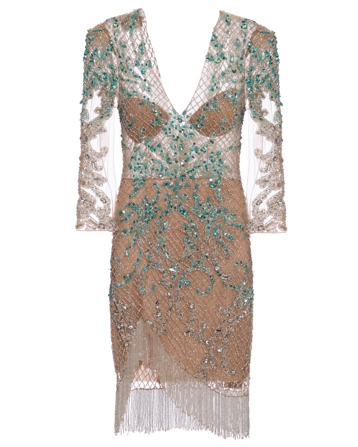 VESTIDO CURTO BORDADO FRANJAS PRATA