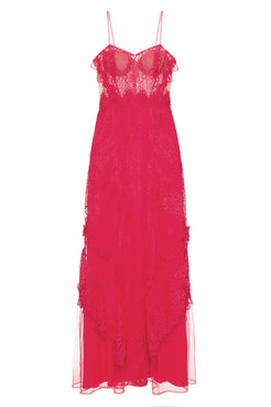 VESTIDO LONGO TULE RENDA VAZADA VERMELHO