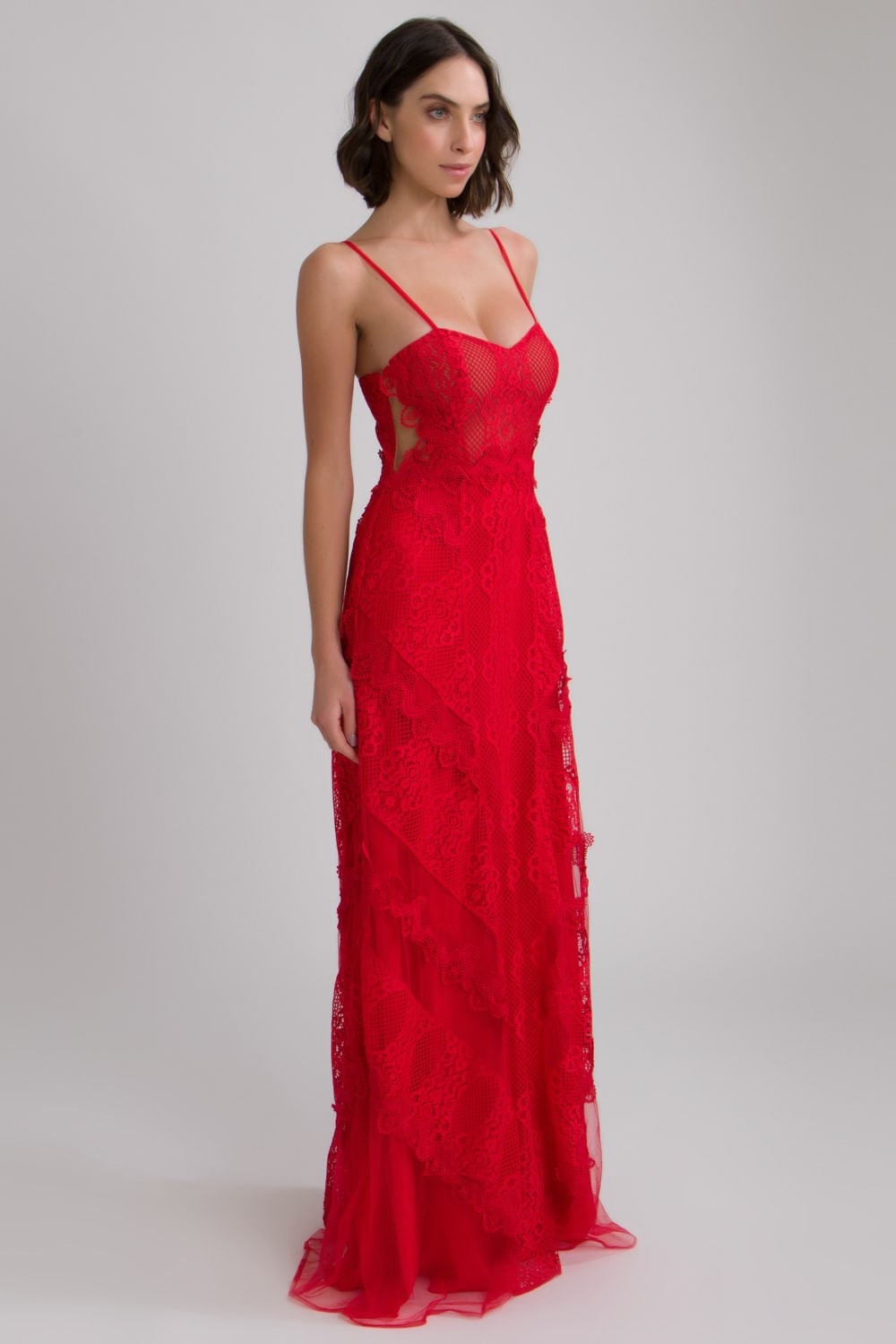 VESTIDO LONGO TULE RENDA VAZADA VERMELHO