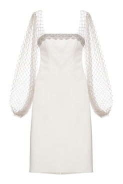 Vestido curto bordado manga longa off white