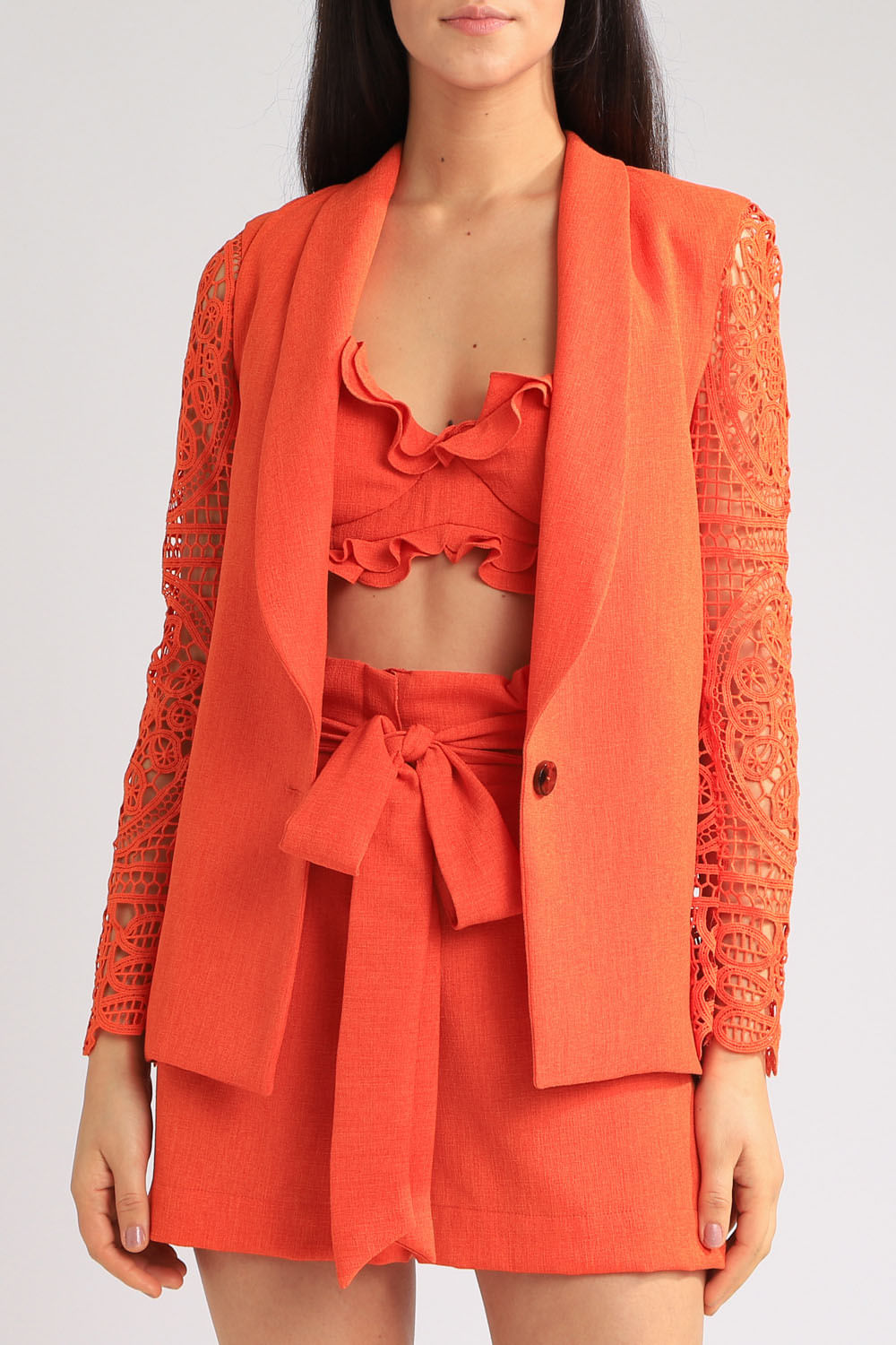 Blazer linho manga renda laranja