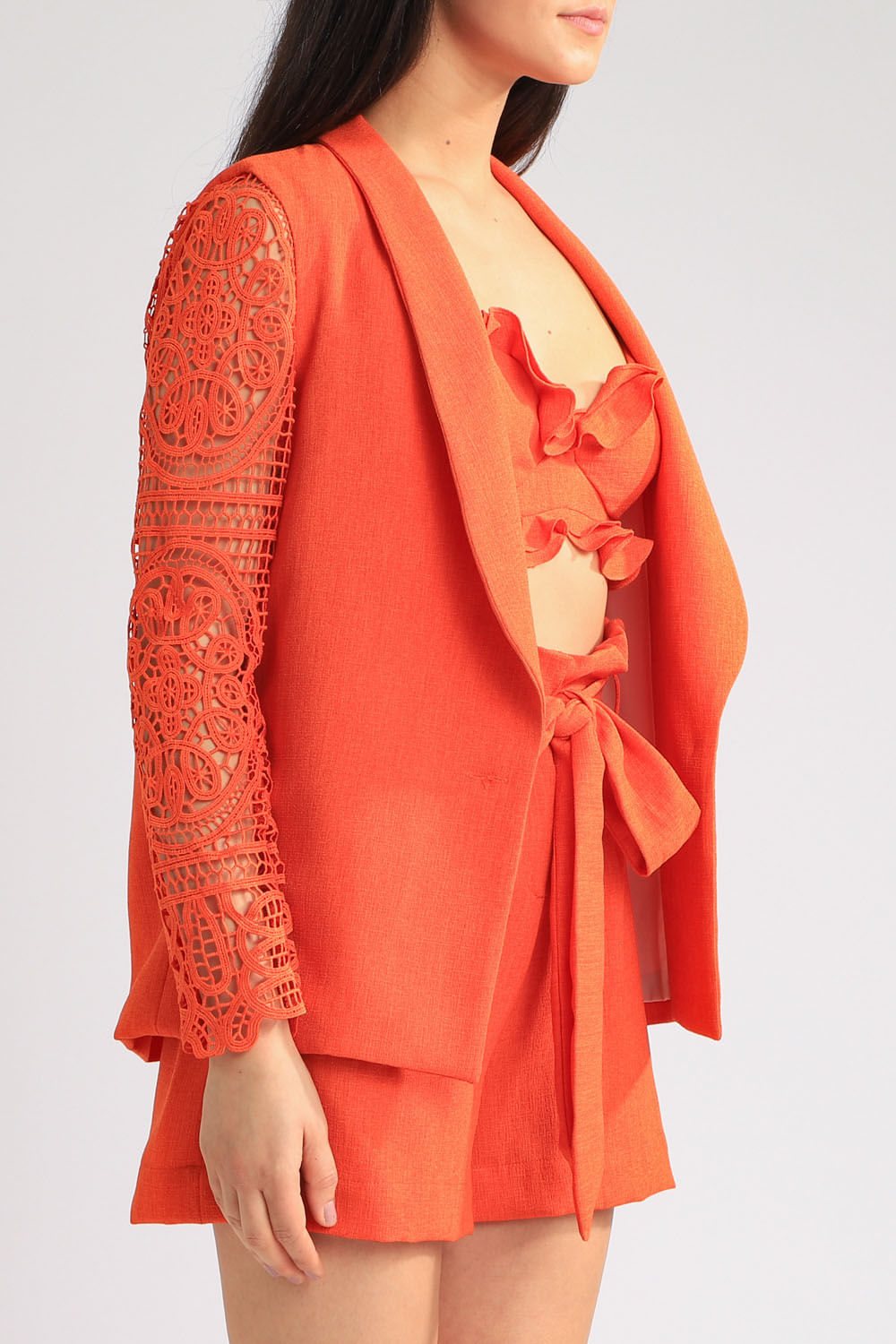 Blazer linho manga renda laranja