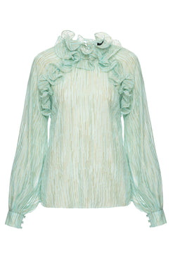 Blusa gola alta babados azul claro