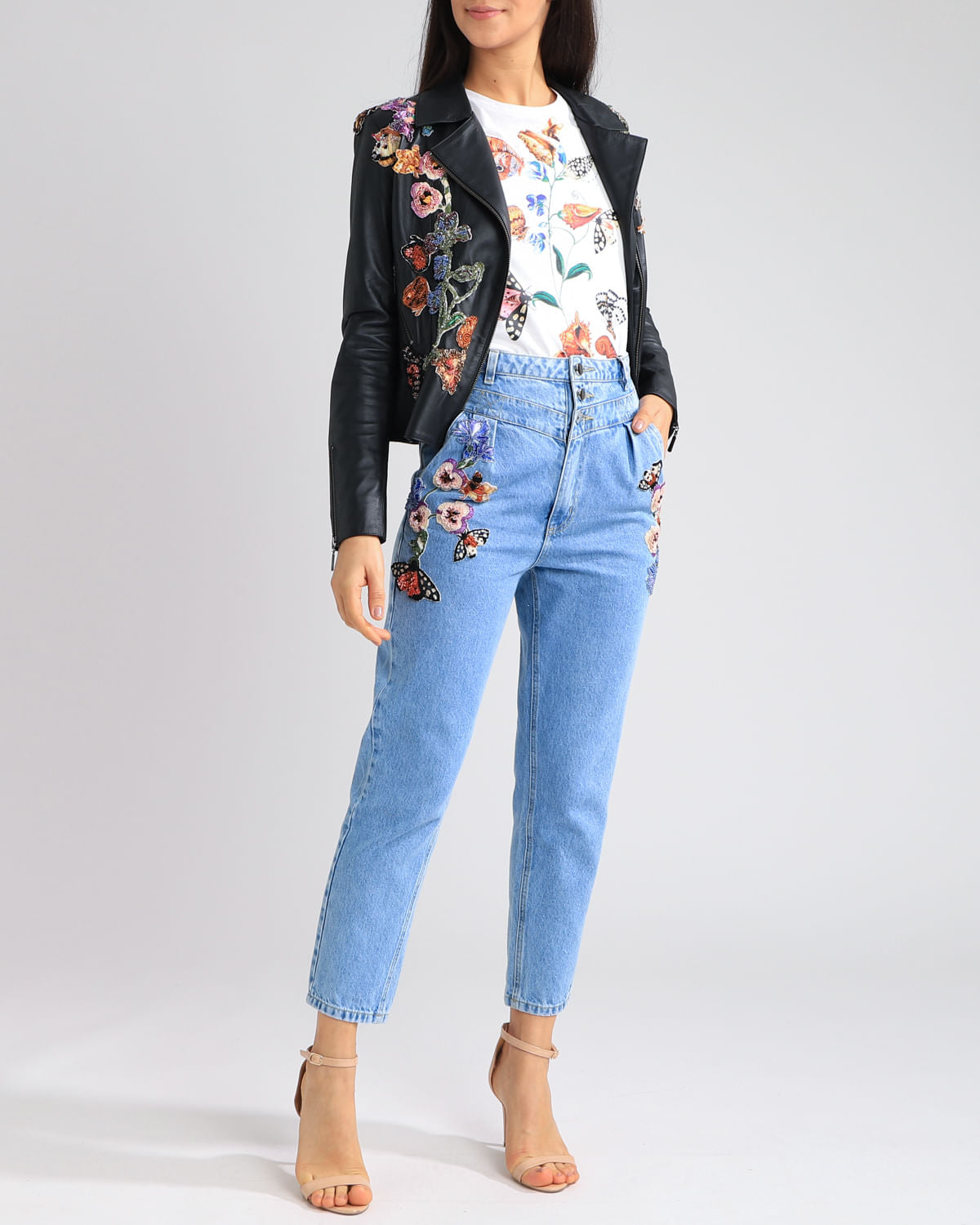 JAQUETA DE COURO BORDADA PRETO