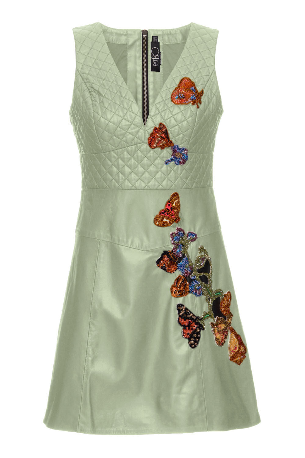 VESTIDO DE COURO BORDADO FLORES VERDE