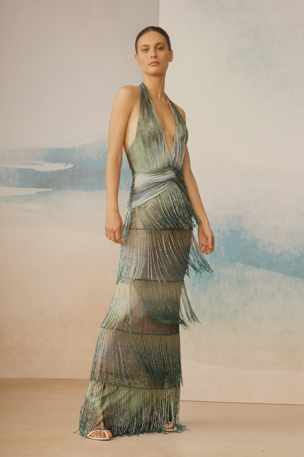 VESTIDO LONGO FRANJAS DEGRADÊ LISTRADO VERDE COM AZUL