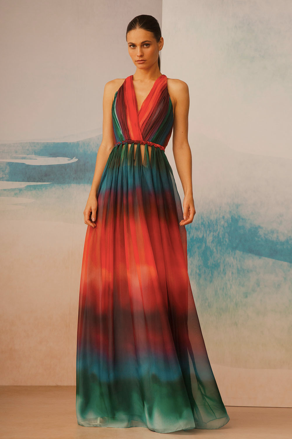 VESTIDO LONGO DECOTE DEGRADÊ SEREIA MULTICOR