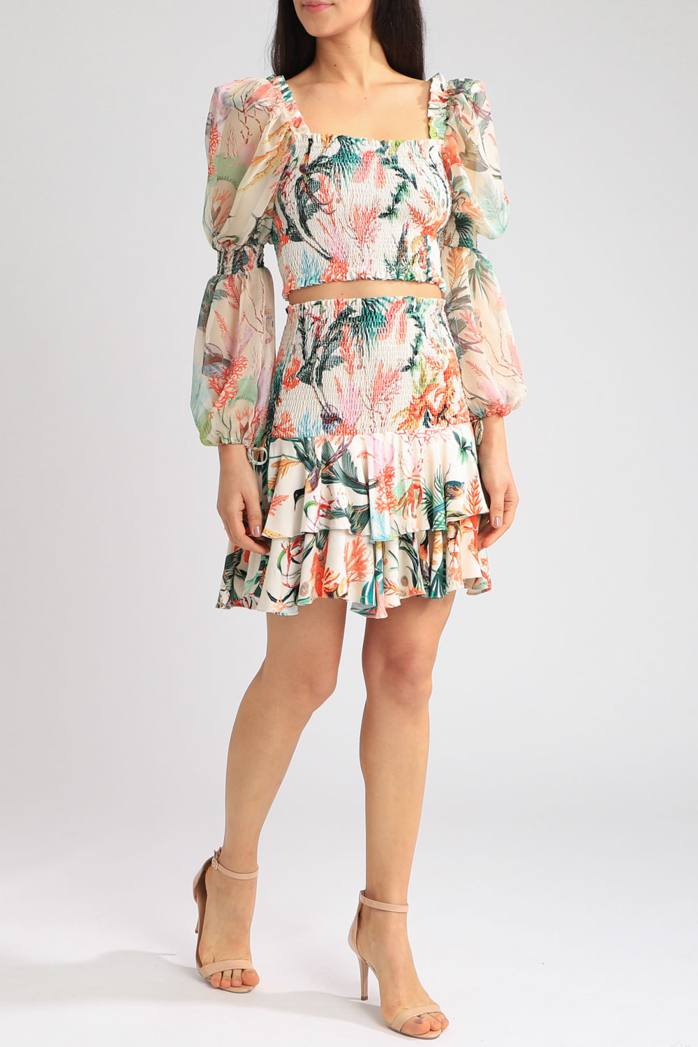 SAIA CURTA ESTAMPADA MARINHA TROPICAL OFF WHITE
