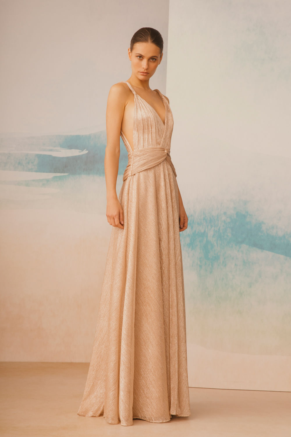 VESTIDO LONGO WATERFALL LUREX NUDE
