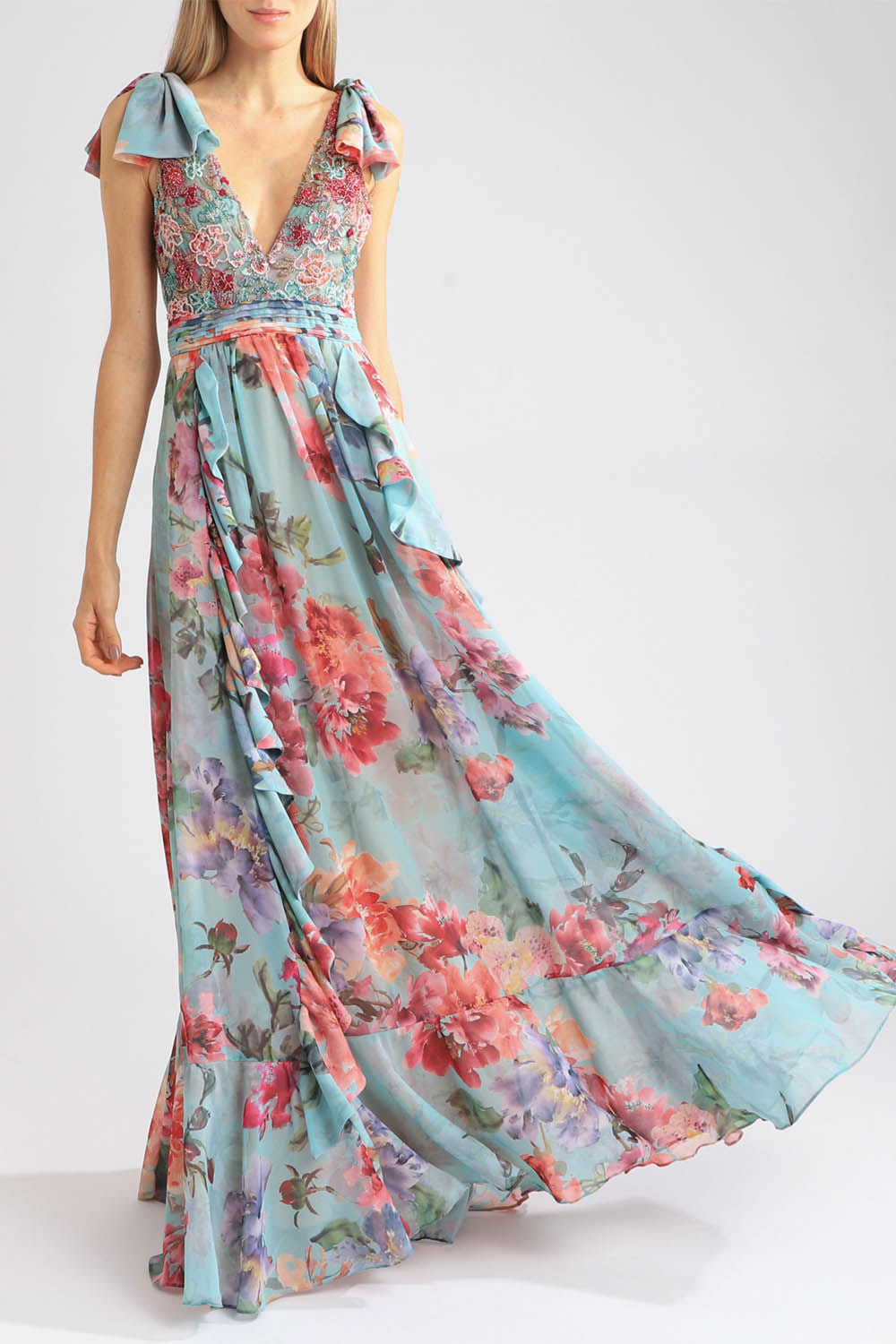 VESTIDO LONGO BABADO ORQUÍDEA AQUARELADA AZUL