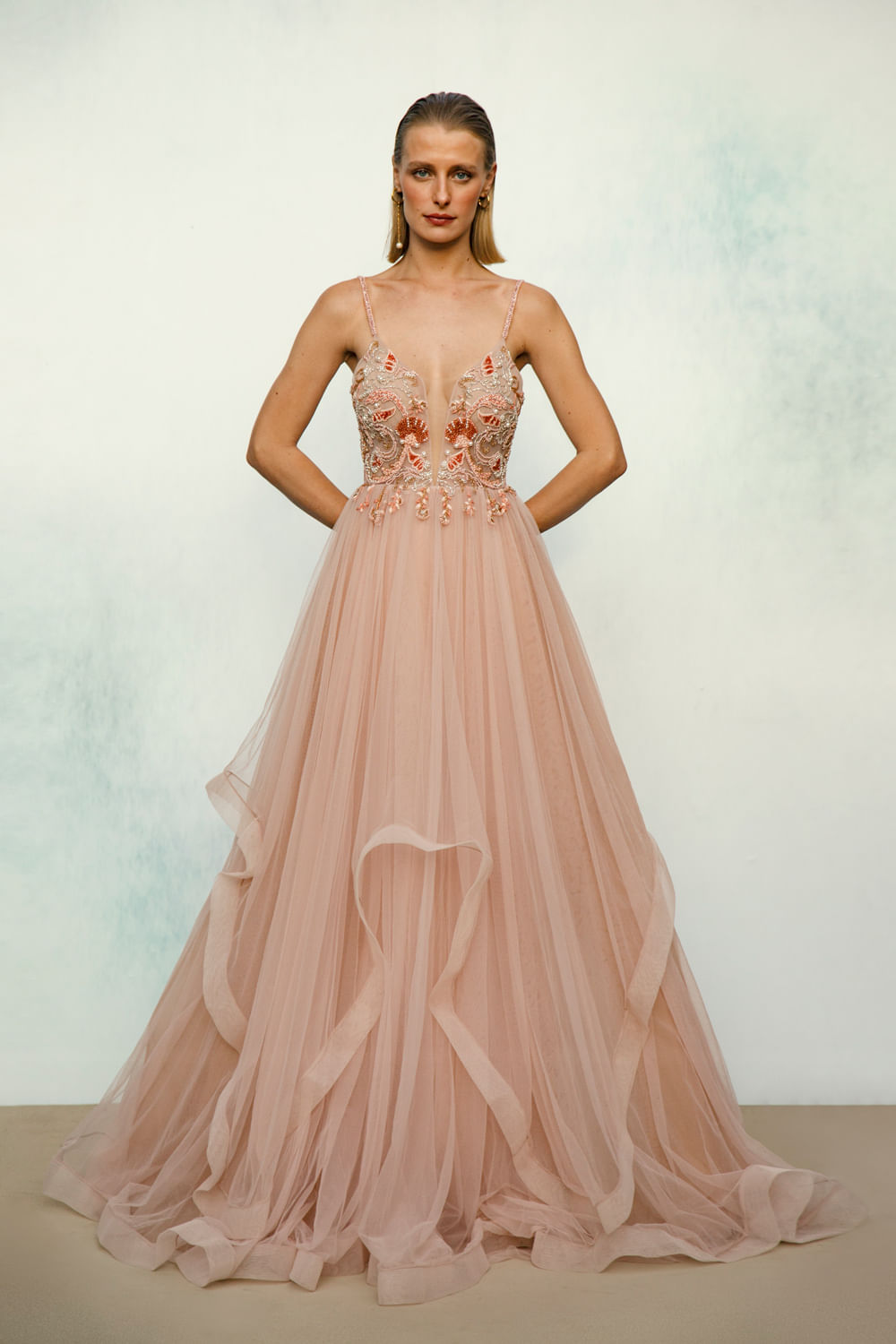 VESTIDO LONGO BUSTO RECORTE TRANSPARÊNCIA ROSA