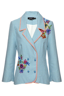 Blazer bordado vintage jacquard azul com off
