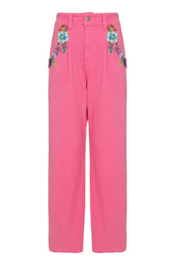 Calça reta bordada color denim rosa