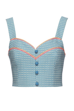 Top cropped vintage jacquard azul com off