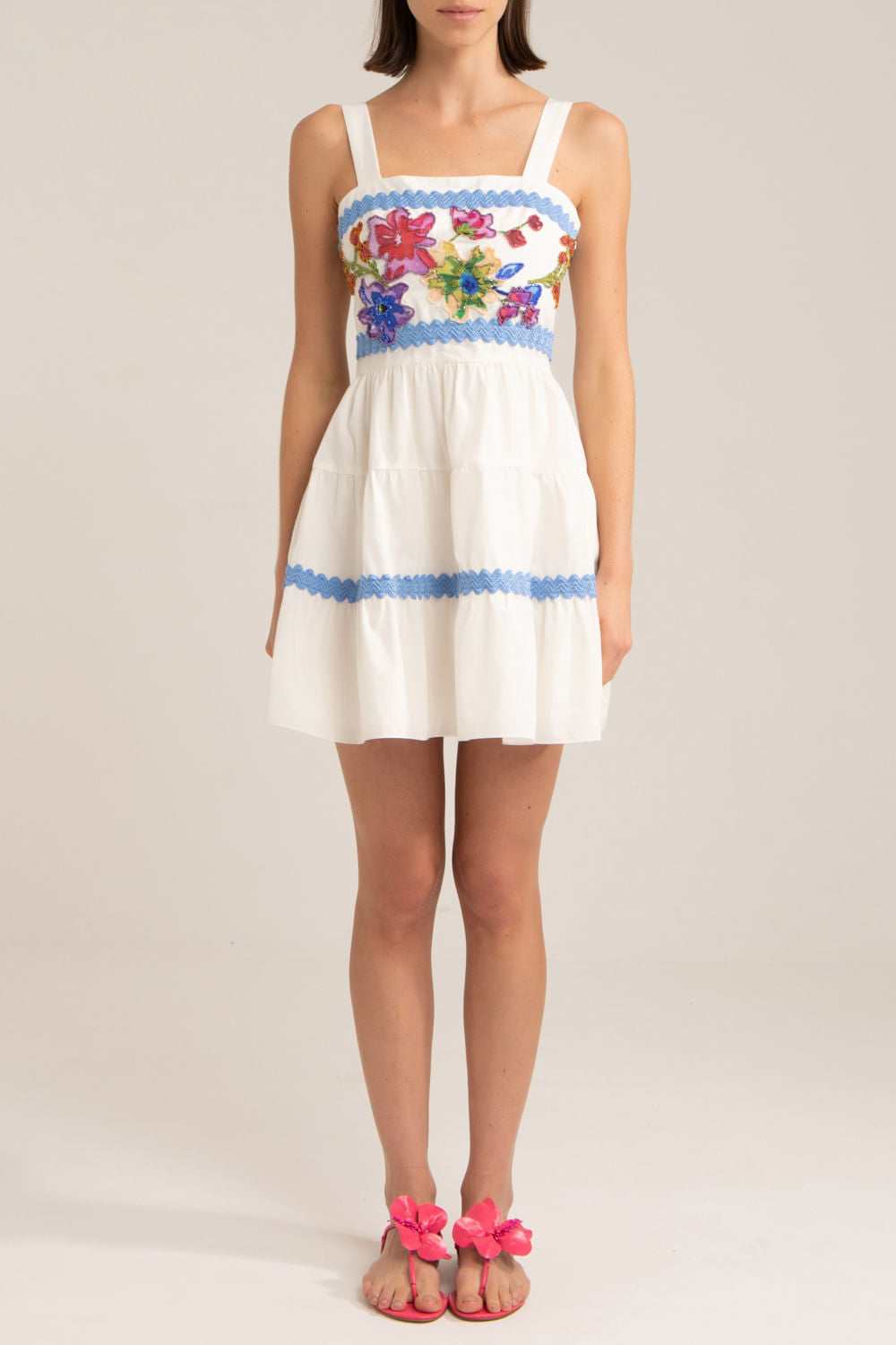 VESTIDO CURTO ENTREMEIO TRICOLINE RETRÔ OFF WHITE