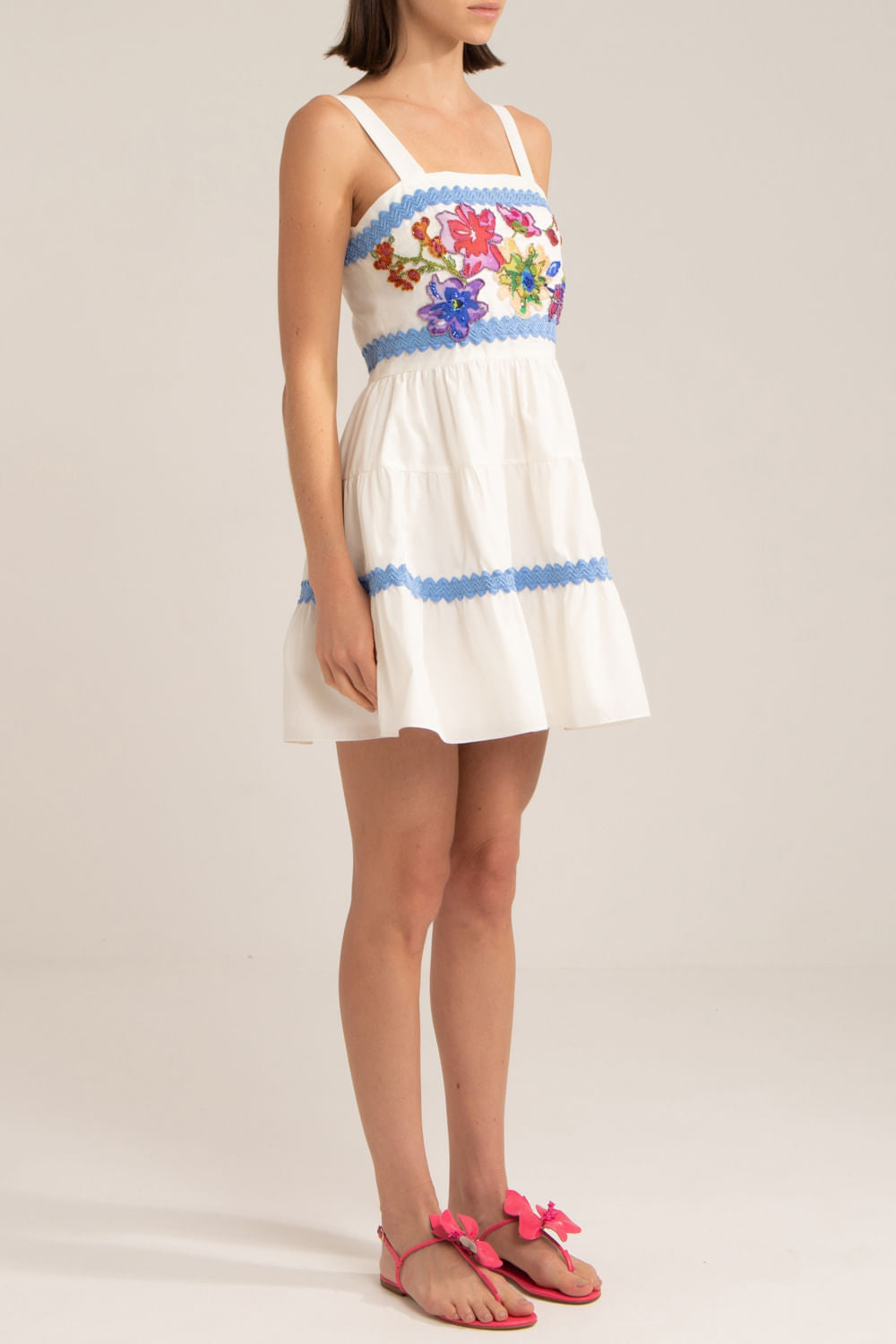 VESTIDO CURTO ENTREMEIO TRICOLINE RETRÔ OFF WHITE