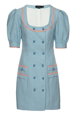 Vestido curto botões vintage jacquard azul com off