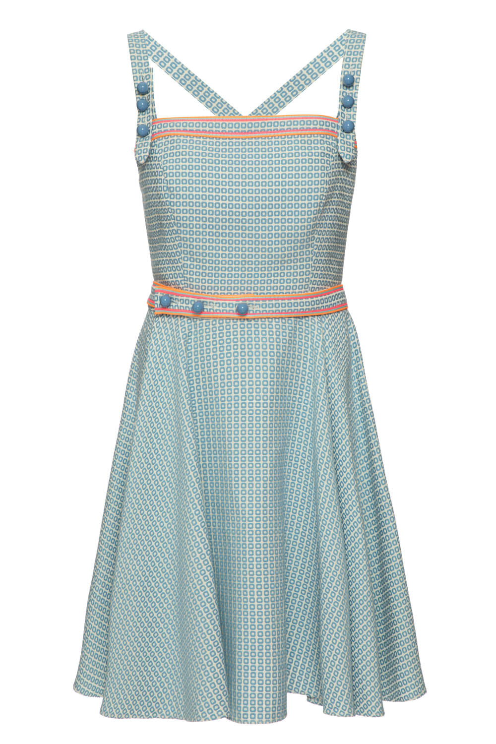 VESTIDO CURTO CINTO VINTAGE JACQUARD AZUL COM OFF