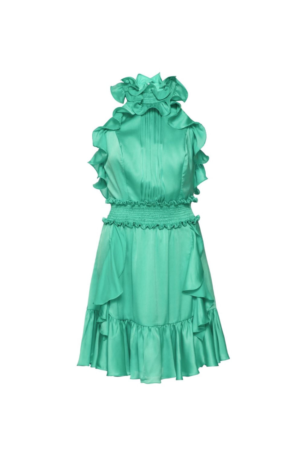 VESTIDO CURTO BABADO FRENTE ÚNICA CETIM SLIP AZUL