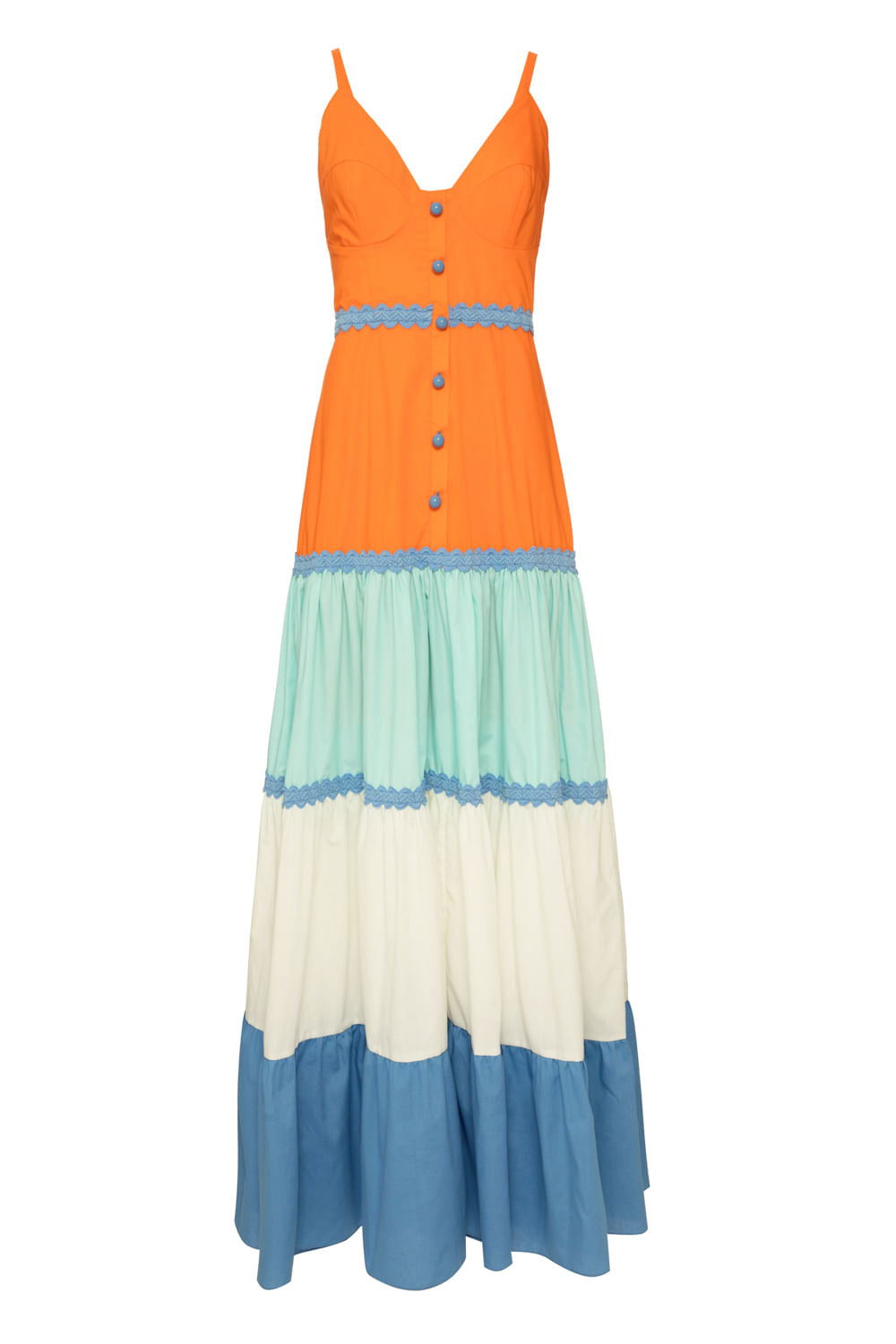 VESTIDO LONGO MULTICOLORIDO TRICOLINE RETRÔ LARANJA