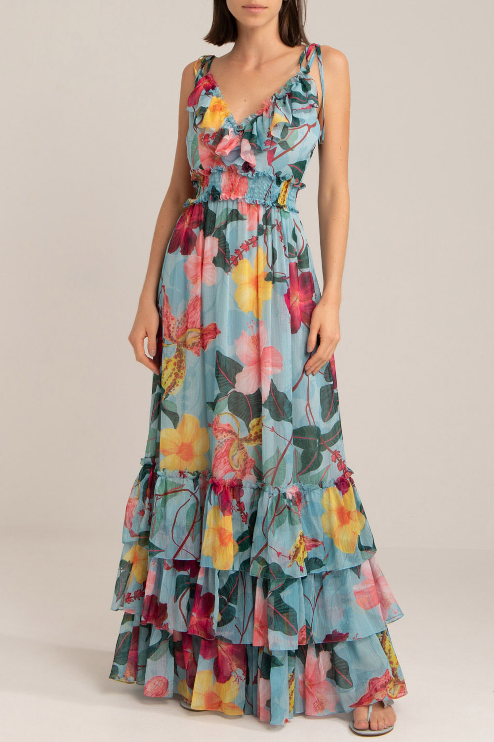 Vestido longo hibiscus azul