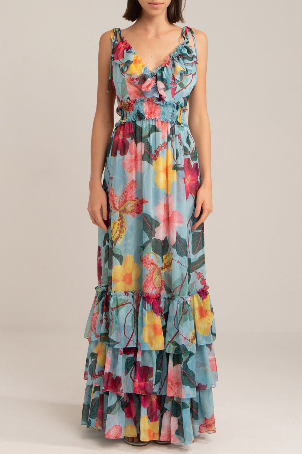 Vestido longo hibiscus azul