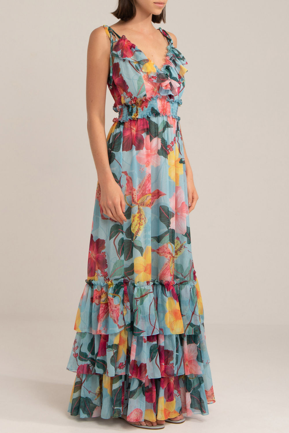 Vestido longo hibiscus azul
